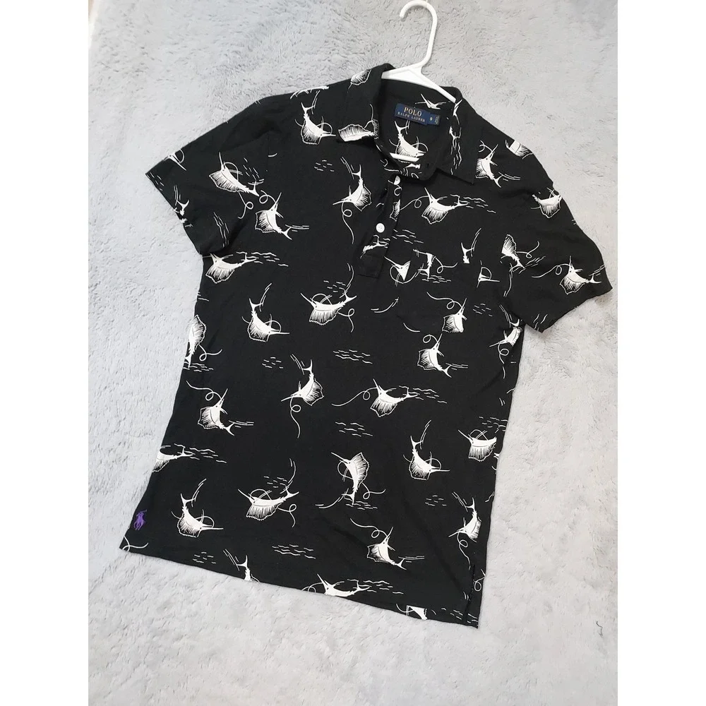 Polo Ralph Lauren Polo Shirt Mens Small Marlin Fish Print Linen Blend Black READ